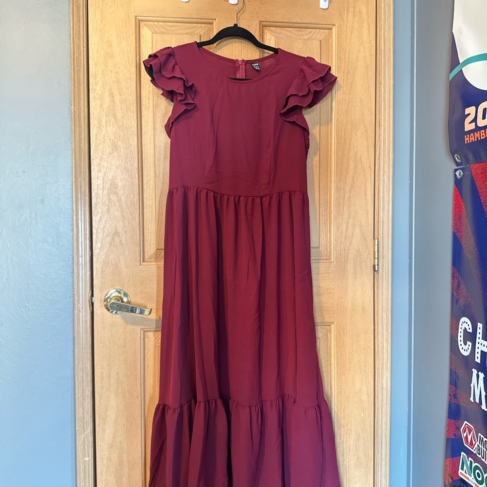 Burgundy Ruffle Sleeve Women’s Dress